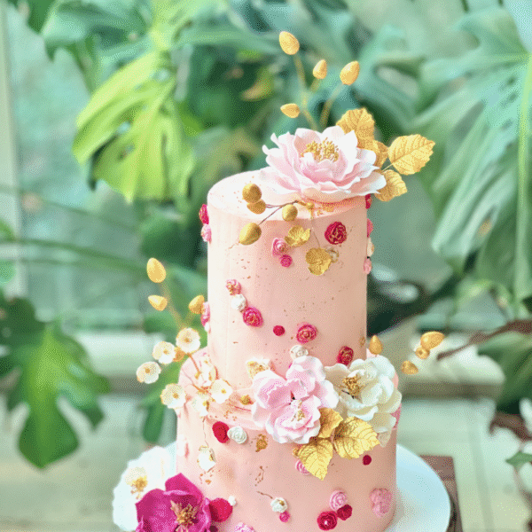 Pink Floral Theme Wedding Cake
